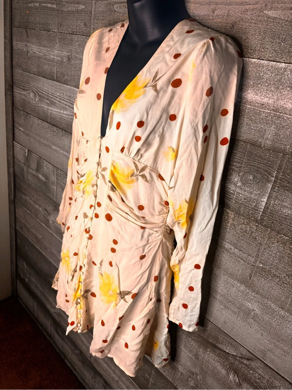 Free People Date Night Polka Dot Floral Ruched Mini Dress‎ yellow flower button